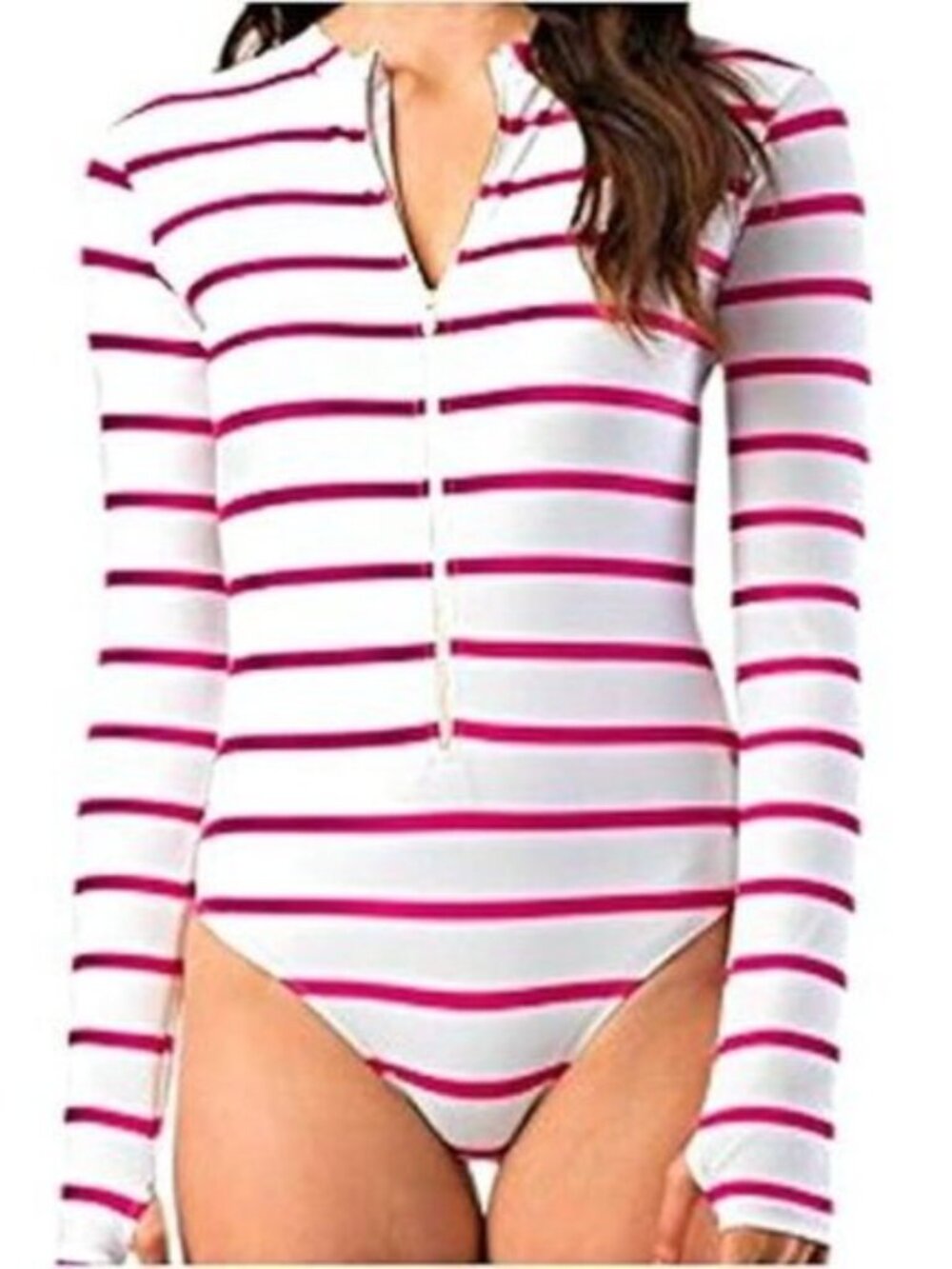 Mott50 White and Fuchsia Striped Long-Sleeve One-Piece Swimsuit